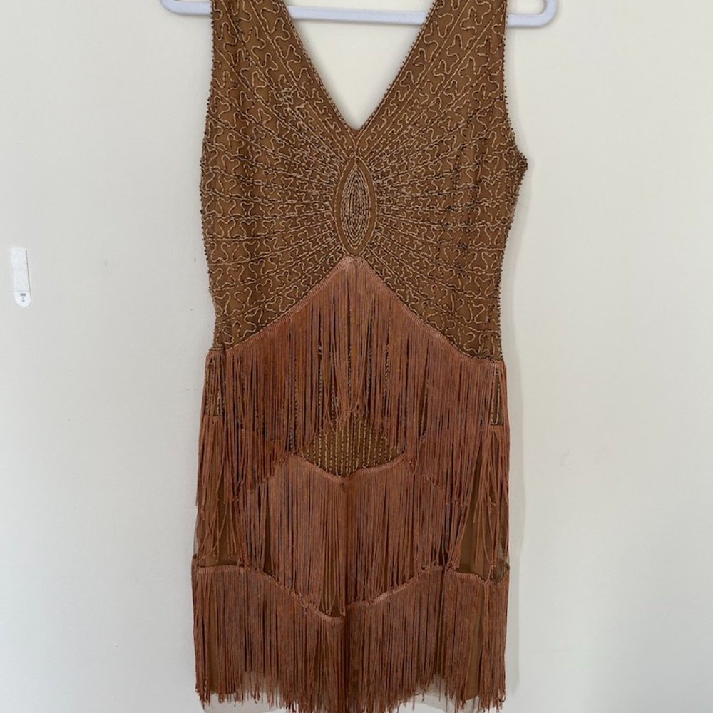 1920s Style Antique Gold Beaded Renee Fringe Cocktail Dress - Picture 5 of 10